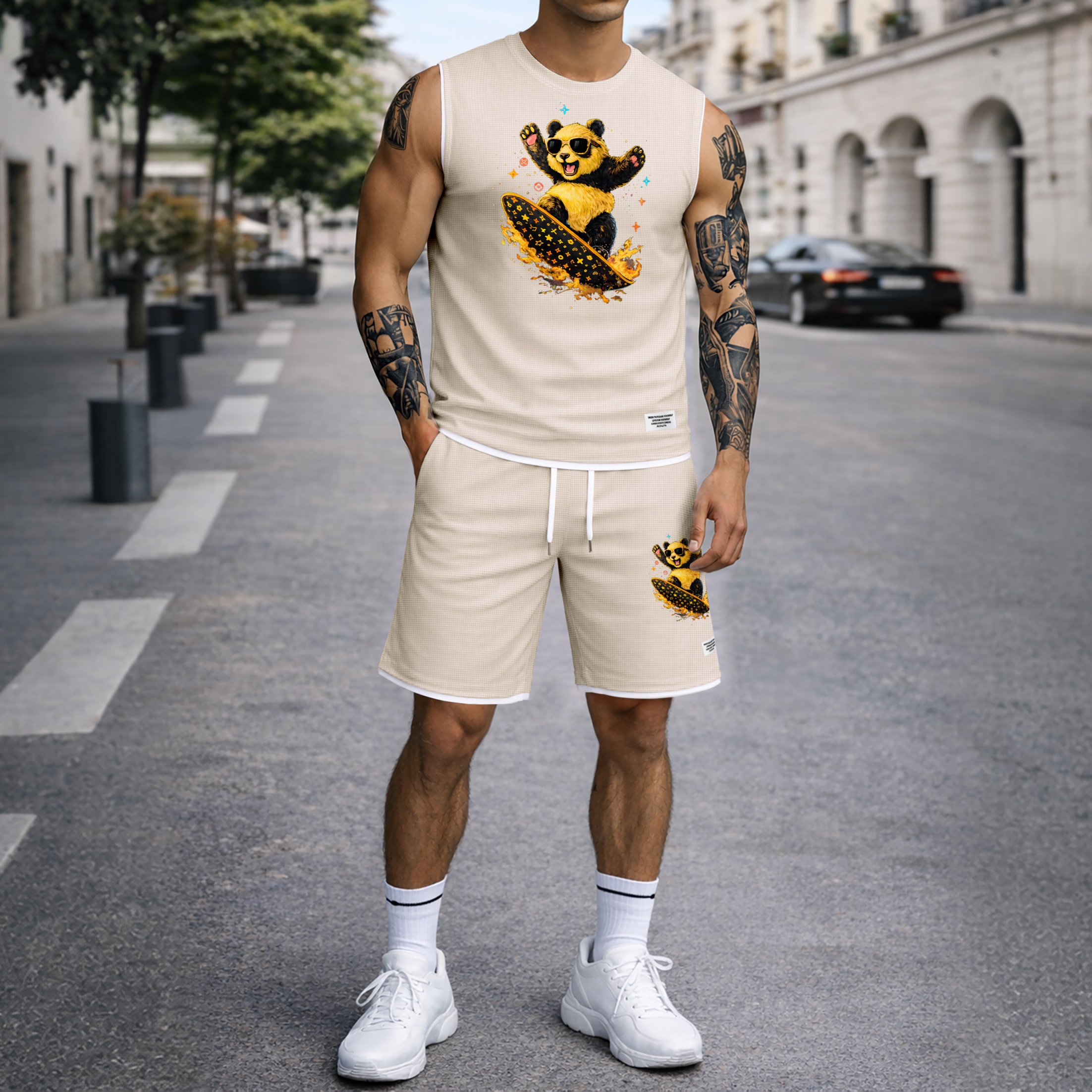 Shorts Cartoon Panda Graphic estampado Summer Set Sleeveless Tank Top & Matching Outfit, Skateboard Style Animal estampado Lightweight casual Streetwear Athletic Set for Everyday & Holiday para hombre