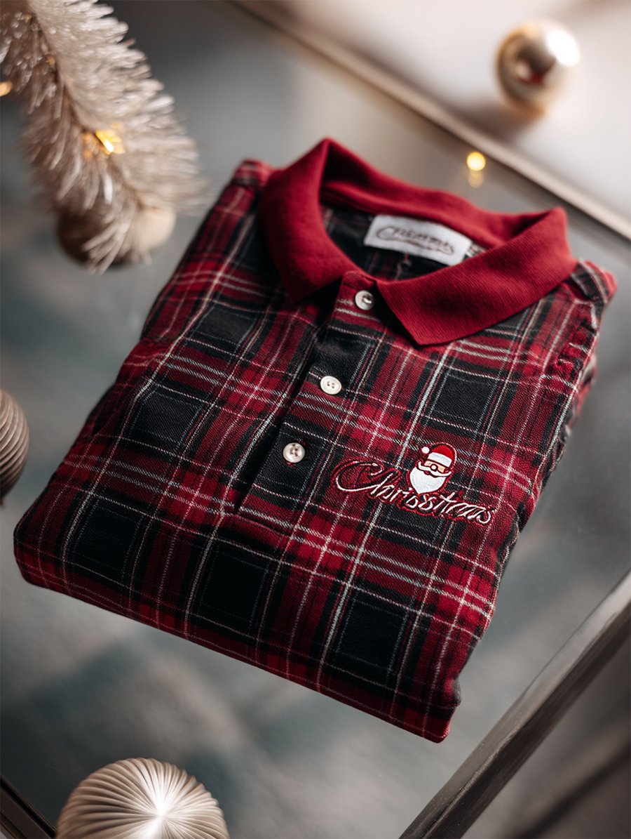 Camisa polo Christmas a cuadros de manga larga para hombre