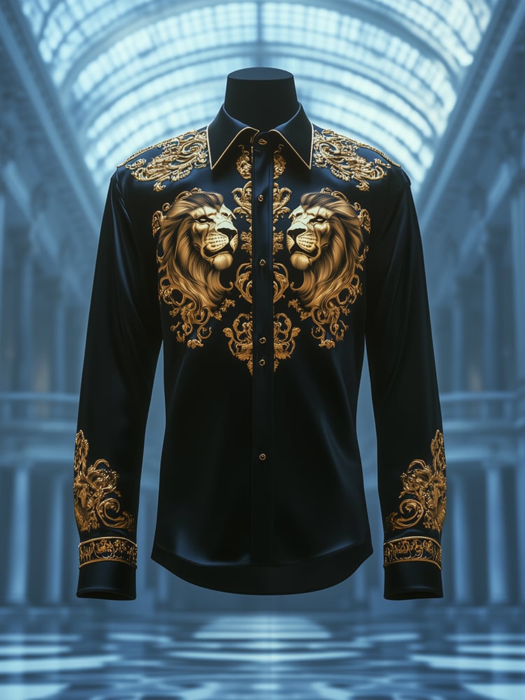 Camisa satén Luxe Lion Baroque de manga larga con botones para hombre