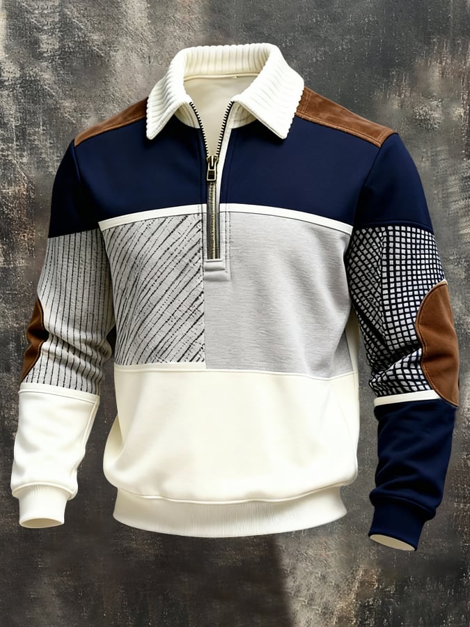 Sudadera retro en bloques de color estampado Color-Blocked con cierre para hombre