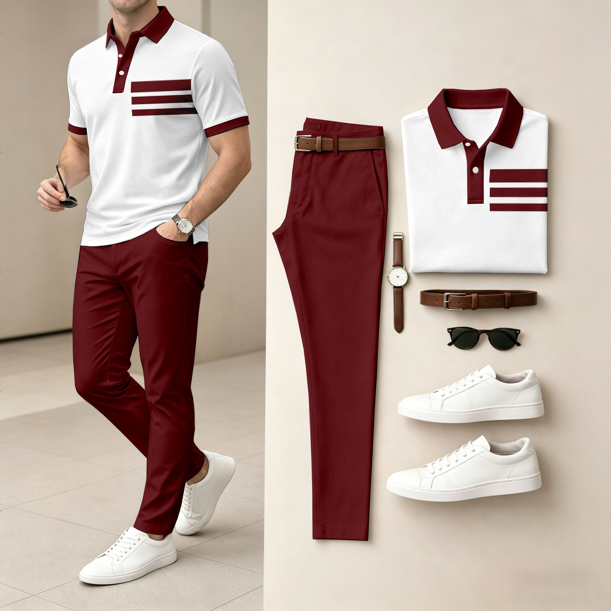Conjunto de dos piezas casual White Geometry estampado camisa polo And pantalón para hombre