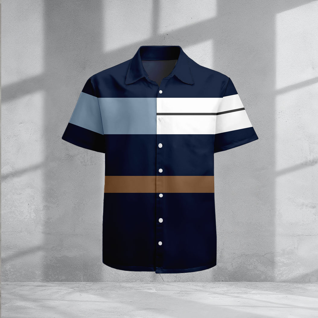 Casual Navy Blue & White Color Matching Geometric estampado de manga corta camisas para hombre
