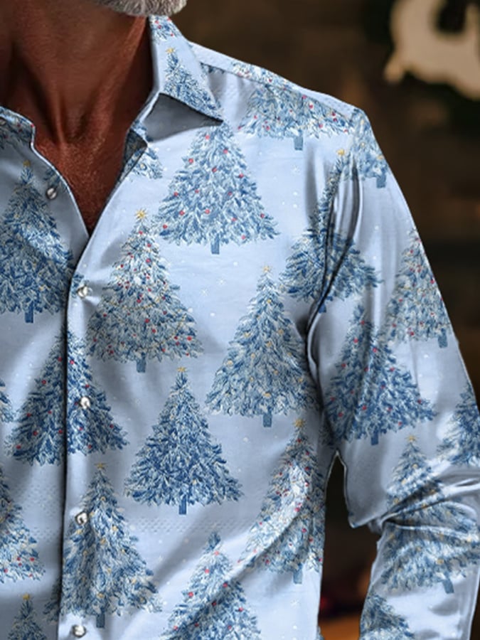 Camisa de lujo Christmas Contrast Color estampado de manga larga para hombre