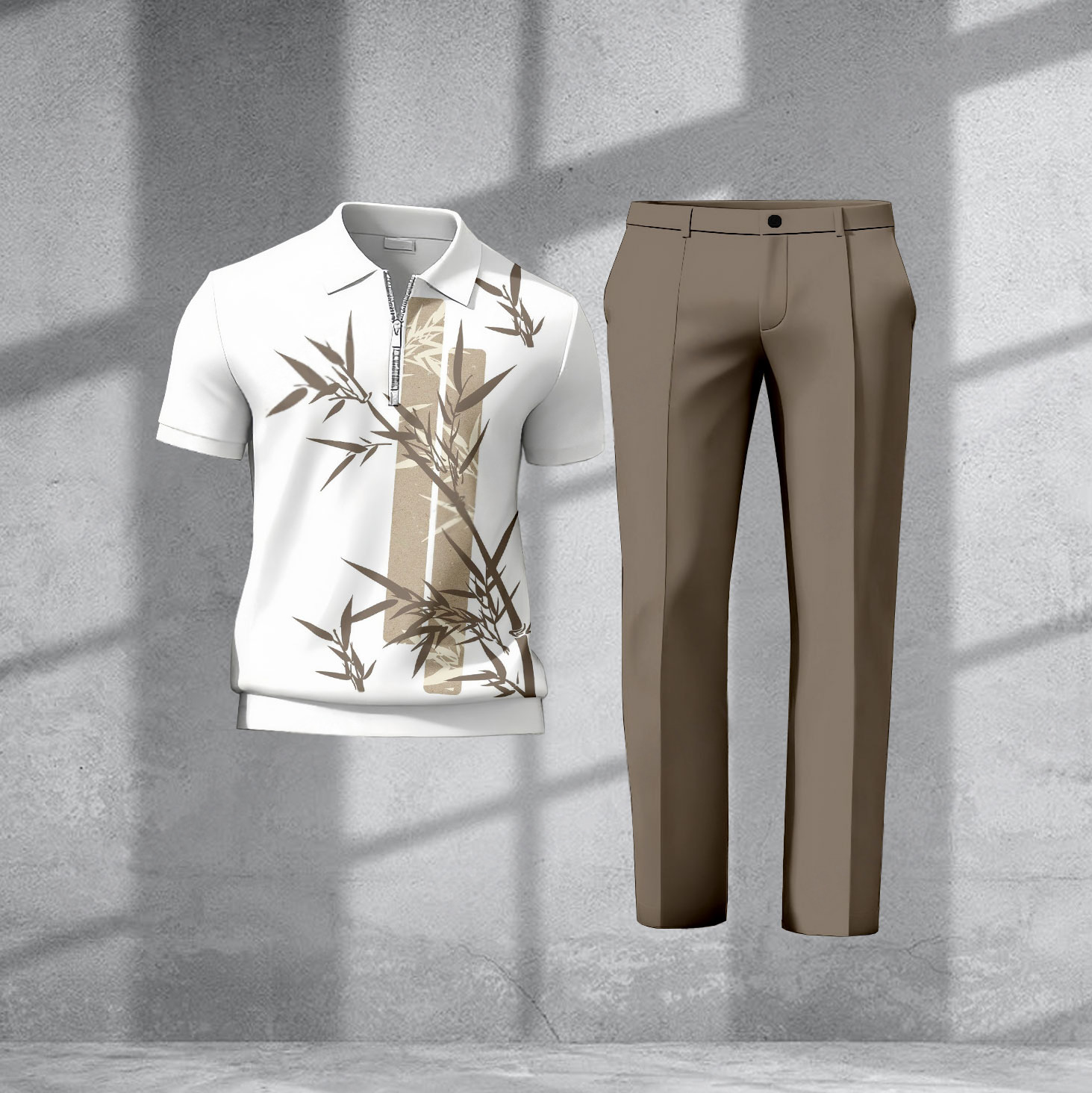 Conjunto de dos piezas casual White Bamboo estampado Polo de manga corta camiseta And pantalón para hombre