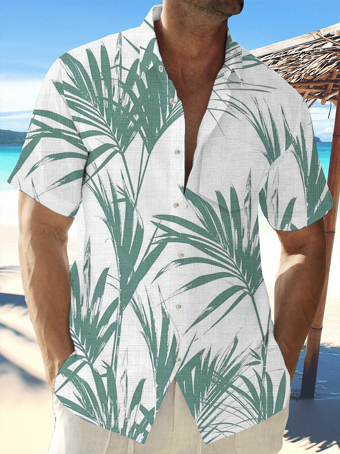 Camisa Hawaiian Leaf estampado de manga corta Pockets para hombre