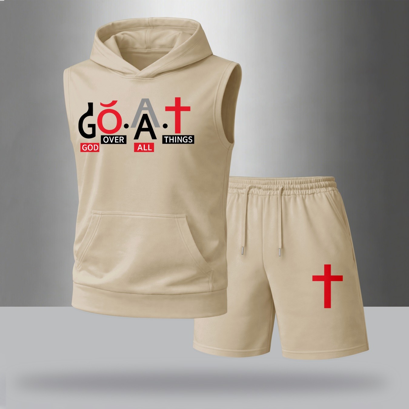 Sudadera con capucha Sleeveless & shorts Set – G.O.A.T Graphic estampado, Cross & Faith Design, casual Streetwear Summer Tracksuit, Urban Style Outfit, para uso diario Wear, Gym Ready, Lightweight Comfort Fit shorts para hombre