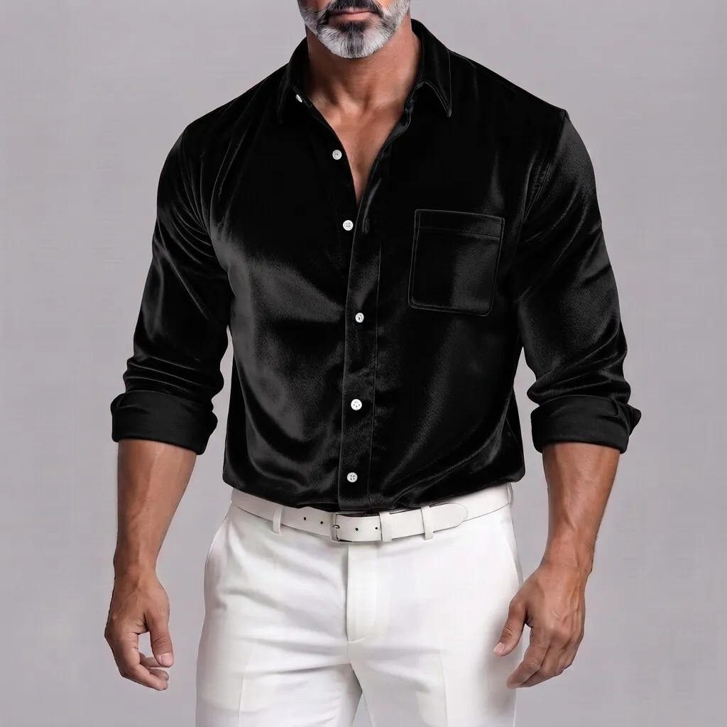 para hombre Velvet de color sólido con botones Chest Pocket de manga larga camisa