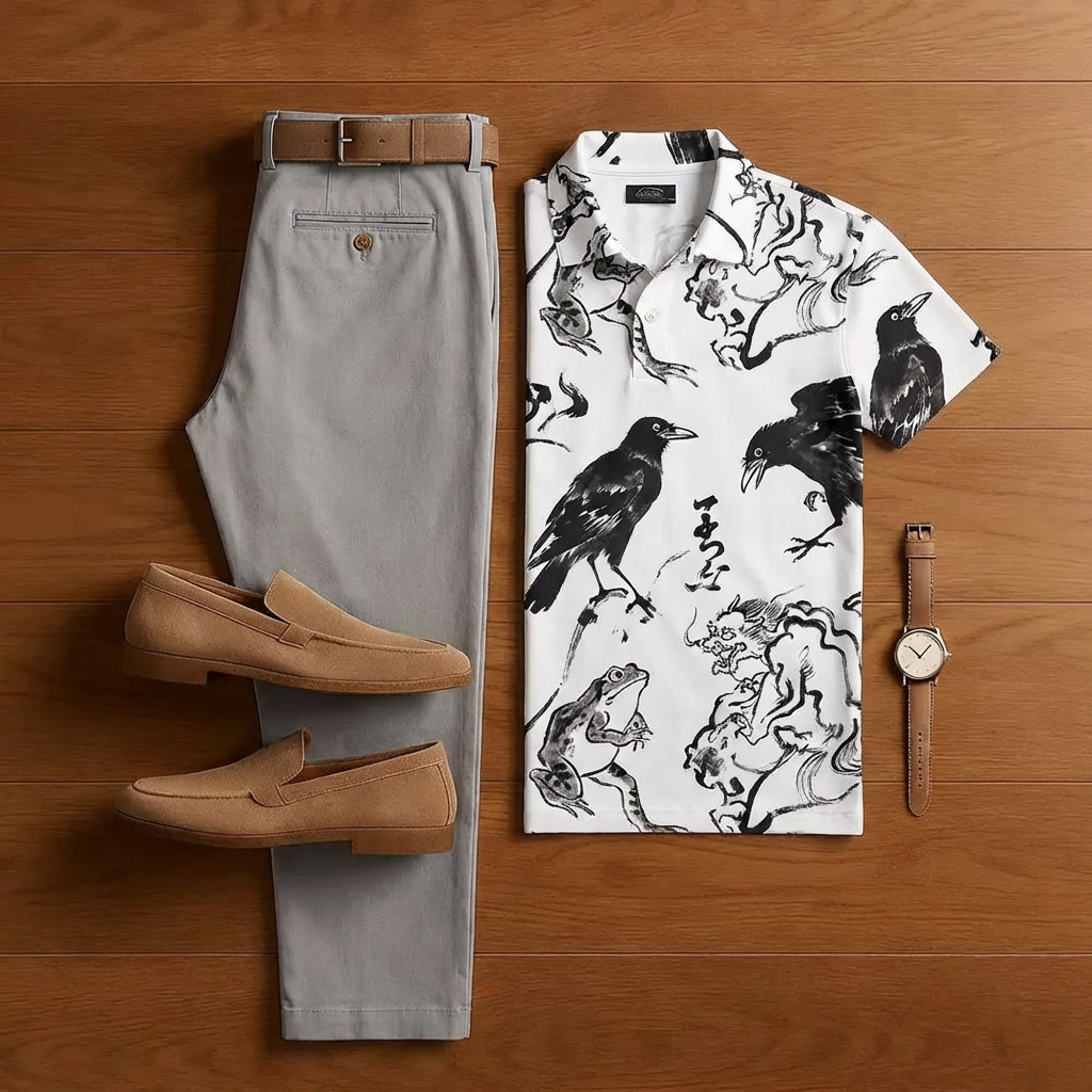 Conjunto de dos piezas casual White Bird Ink Painting estampado de manga corta camisa And Trousers para hombre