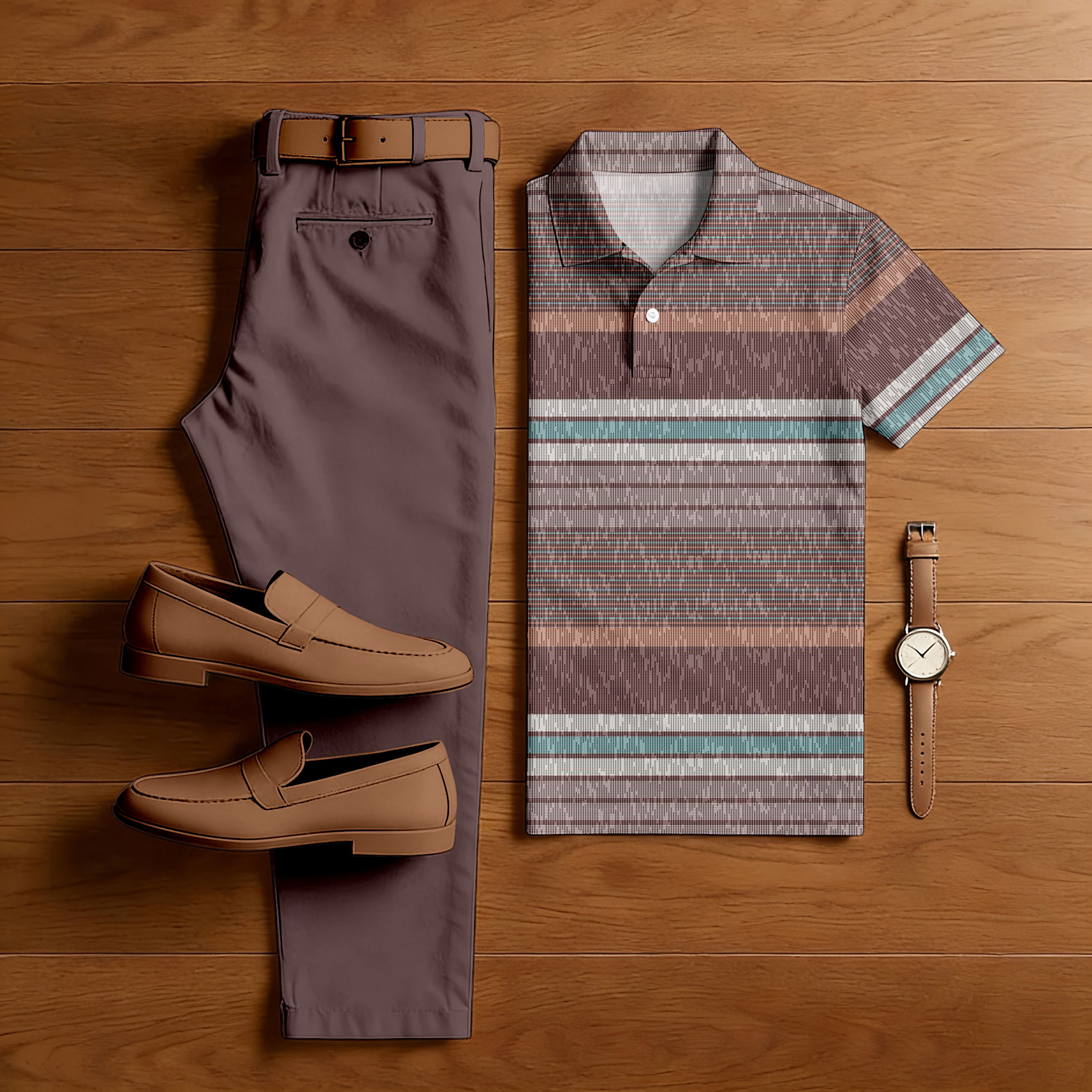 Conjunto de dos piezas casual Red Brown & Multi Color Matching a rayas estampado de manga corta camisa polo & Trousers para hombre