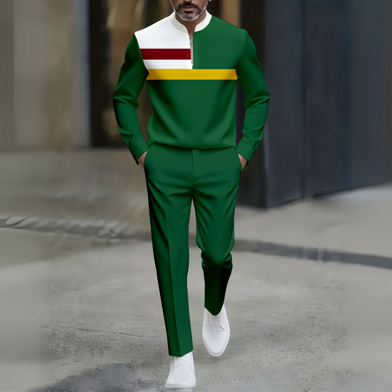 Conjunto de dos piezas casual Color-Blocked estampado Polo Collar Zipper de manga larga And pantalón para hombre