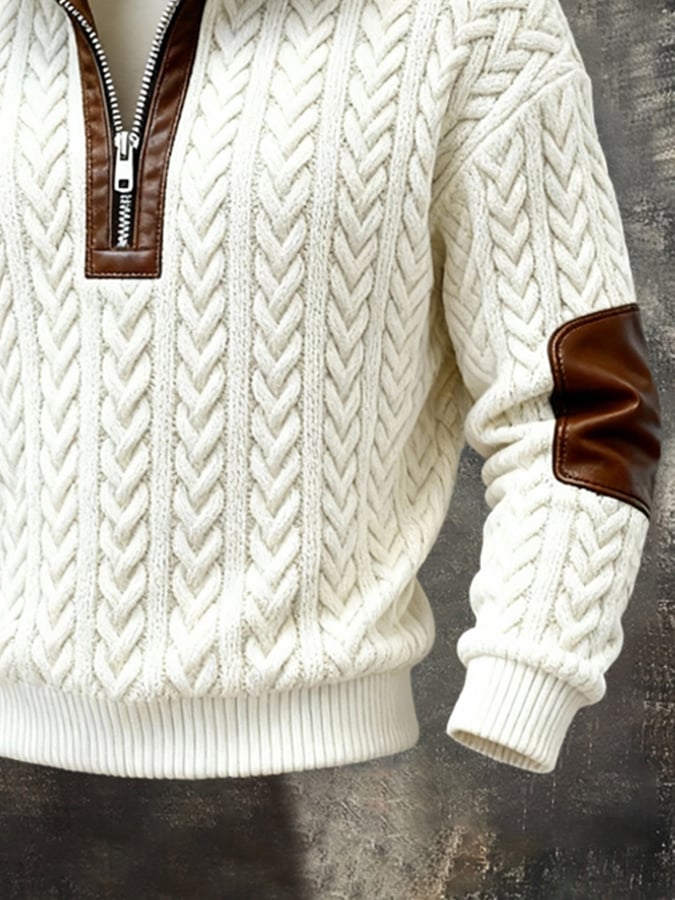 para hombre retro Textured estampado Sweacamiseta with Fur Collar