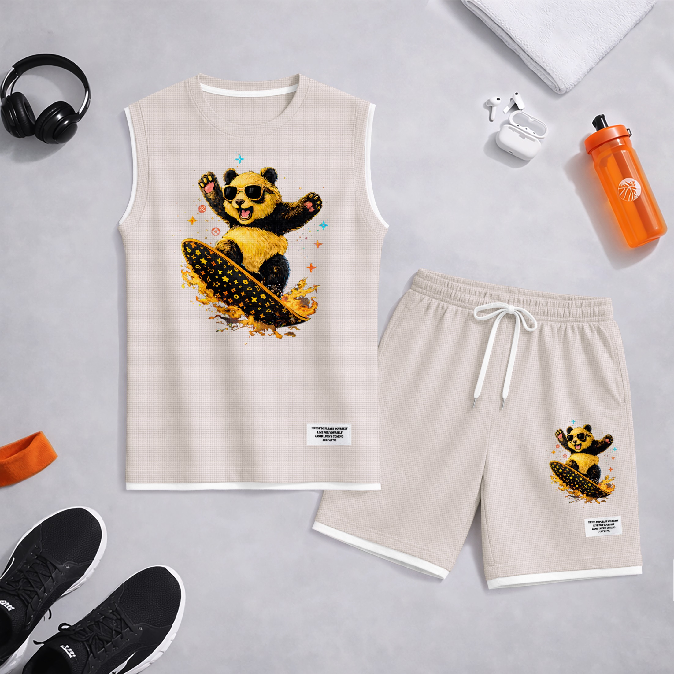 Shorts Cartoon Panda Graphic estampado Summer Set Sleeveless Tank Top & Matching Outfit, Skateboard Style Animal estampado Lightweight casual Streetwear Athletic Set for Everyday & Holiday para hombre