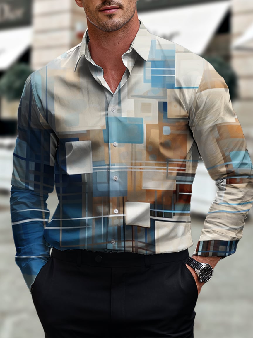 Camisa ejecutivo casual Art Button de manga corta de manga larga para hombre
