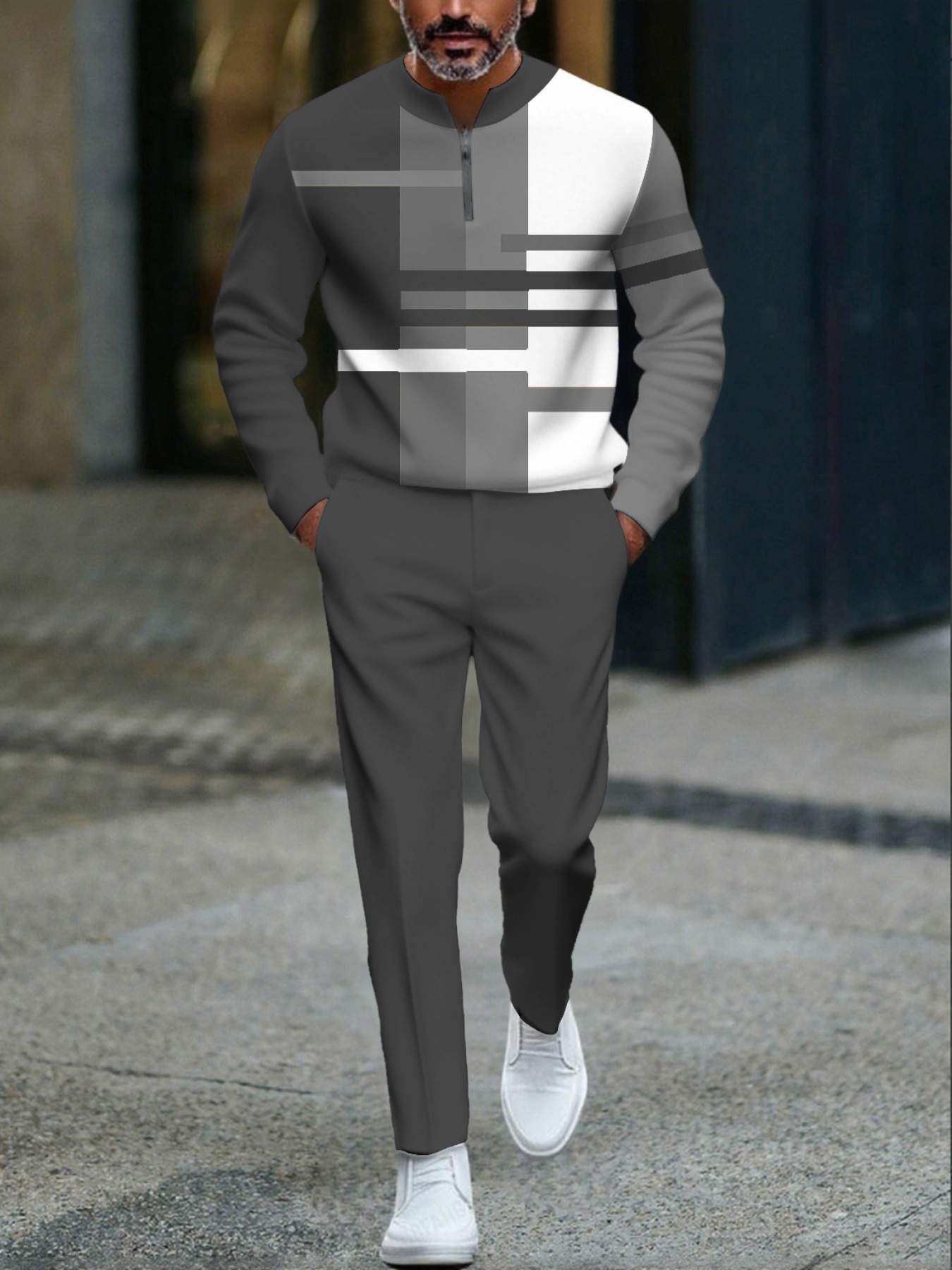 Conjunto de dos piezas casual Gray & White Color Matching Geometric estampado Round-Neck Zipper de manga larga sudadera & Trousers para hombre