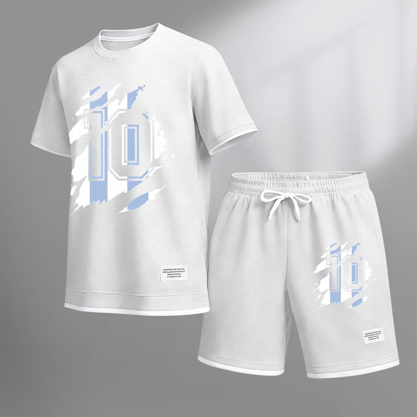 Camisa clásico number 10 estampado drawstring shorts set, suitable for spring and summer wear. This casual summer set includes a de manga corta and shorts, perfect for everyday wear and sports. para hombre