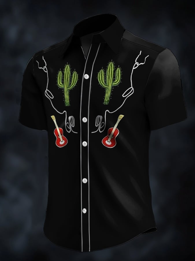Camisa retro Western Contrast estampado de manga corta casual para hombre