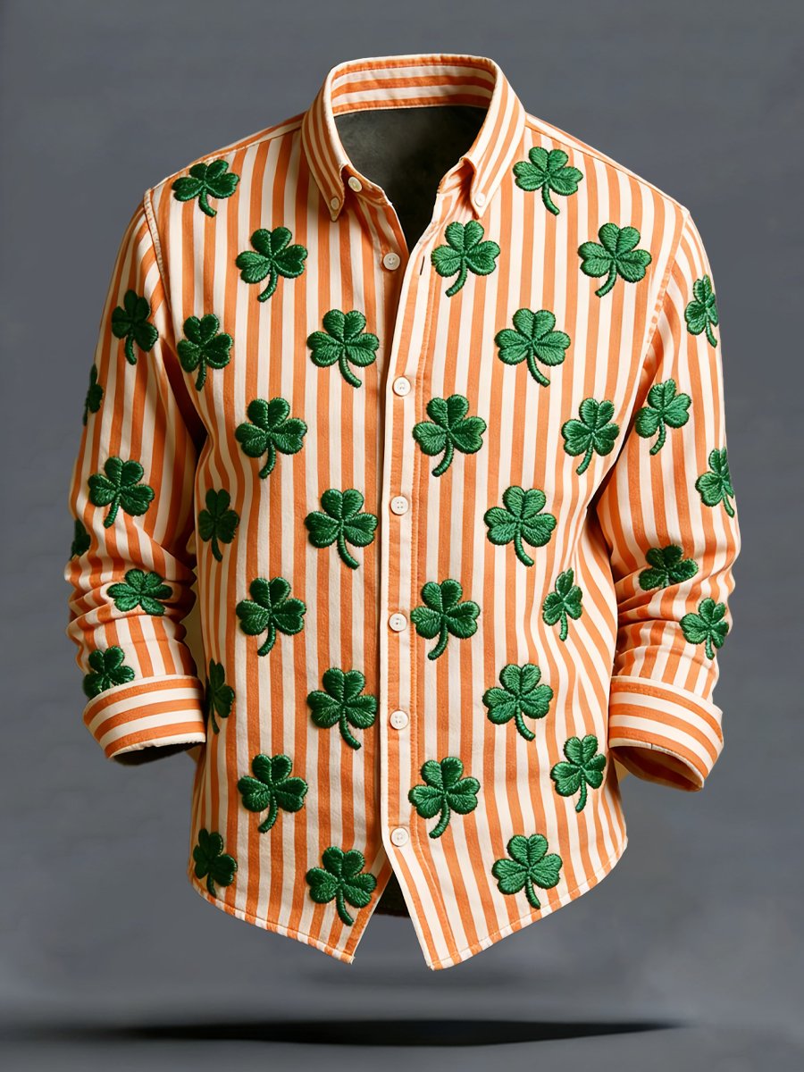 Camisa de lujo St. Patrick's Day Shamrock estampado de manga larga para hombre