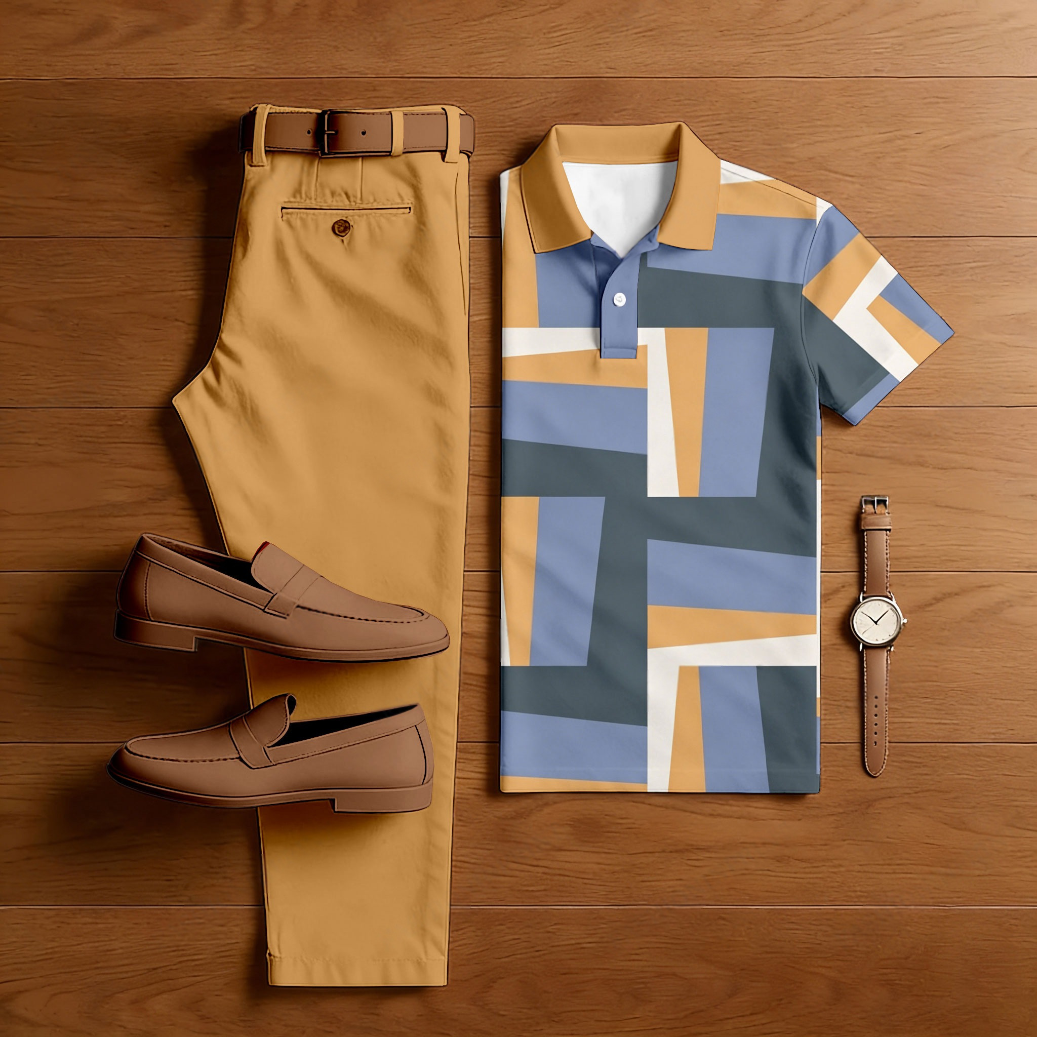 para hombre casual Brown & Blue Geometry estampado camisa polo And pantalón conjunto de dos piezas