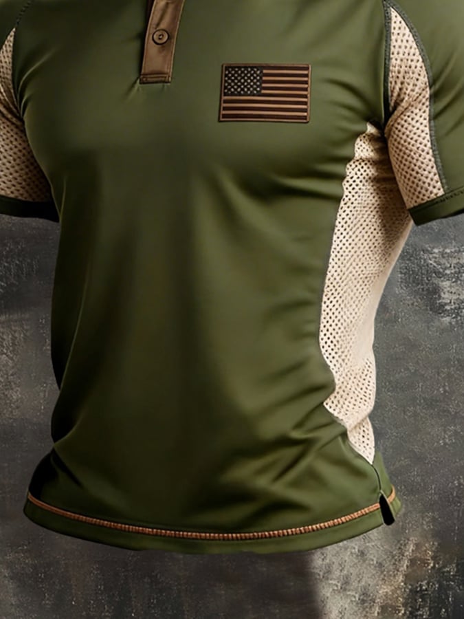 Camiseta retro Spliced ​​transpirable Mesh "Patriot" Polo-Collar casual para hombre