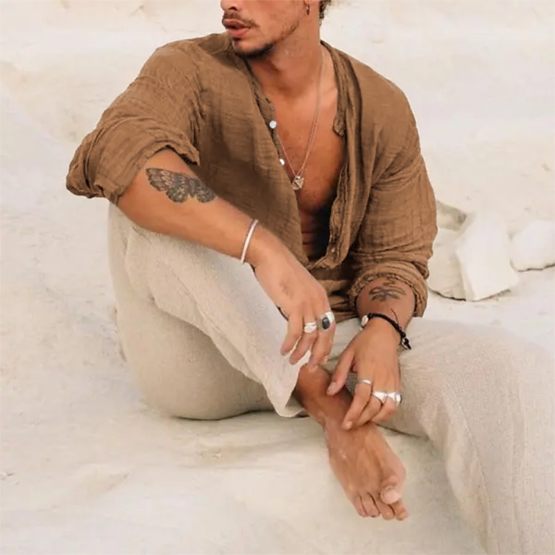 Camisa de lino Band cuello camisa Summer camisa Beach Wear Button Up camisa Plain Vacation casual Black Green Khaki Gray de manga larga Stand cuello Summer Spring Clothing Apparel para hombre - vista 5