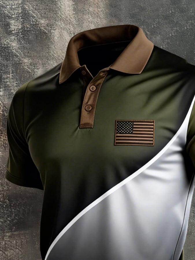Retro Patriot en bloques de color Polo Collar de manga corta para hombre