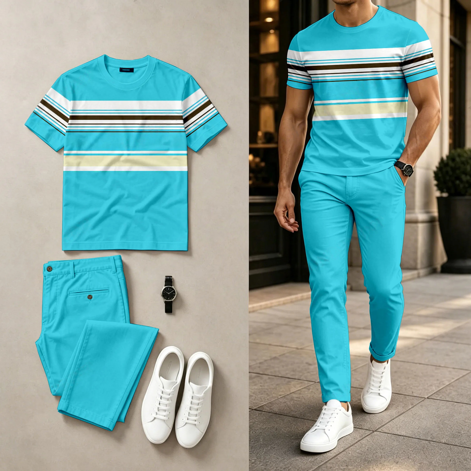 Pantalón casual a rayas Two-Tone estampado Round-Neck de manga corta Top And Set para hombre
