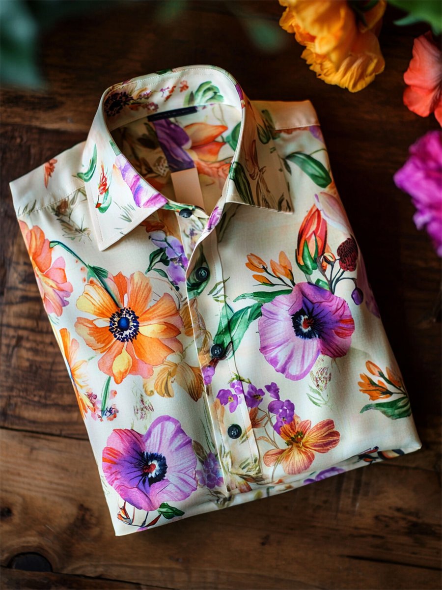 Camisa satén Luxe hawaiano estampado de manga corta Button para hombre