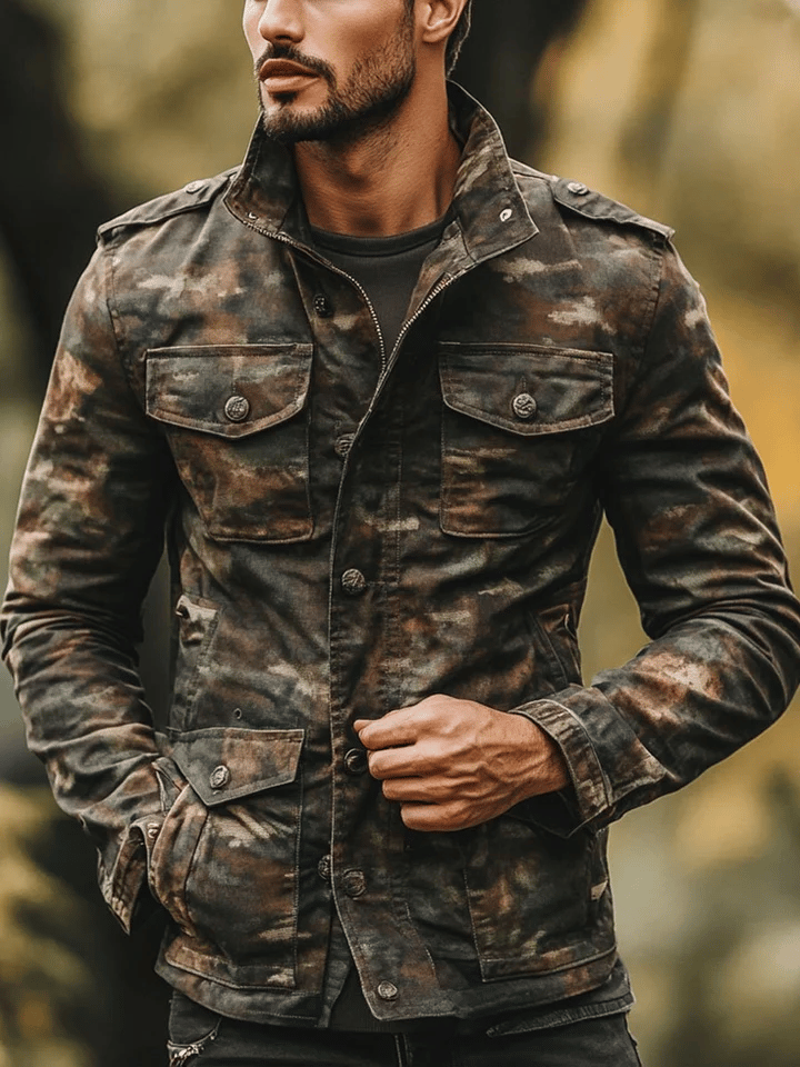 Chaqueta para exterior vintage solapa camuflaje para hombre