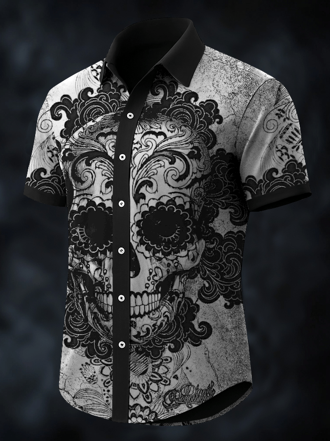 Camisa Dark Skull estampado vintage casual para hombre