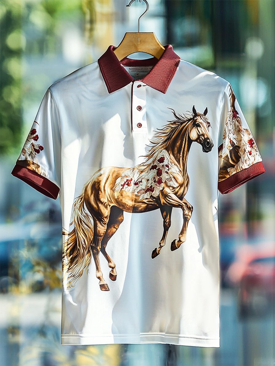 Camisa polo casual ejecutivo Horse estampado Button de manga corta para hombre