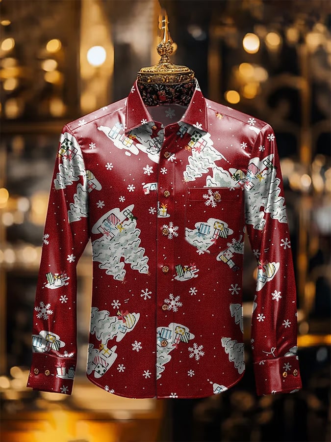 De lujo Christmas Contrast estampado de manga larga Pockecamiseta para hombre