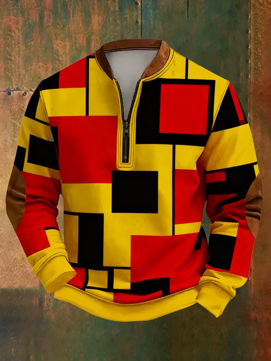 Sudadera retro Bauhaus geométrico Style estampado Quarter Zip para hombre