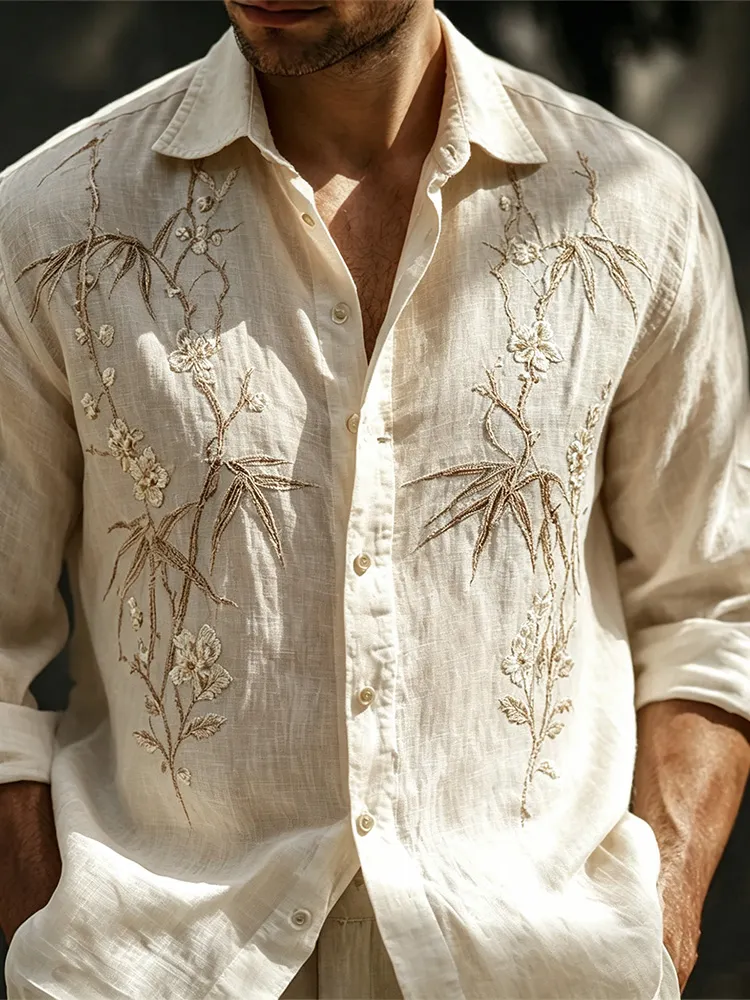 3d Embroidery Bamboo floral de lino camisa For Men, vintage Lightweight de manga larga camisa