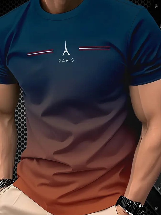 Camiseta casual en bloques de color a rayas gráfico para hombre