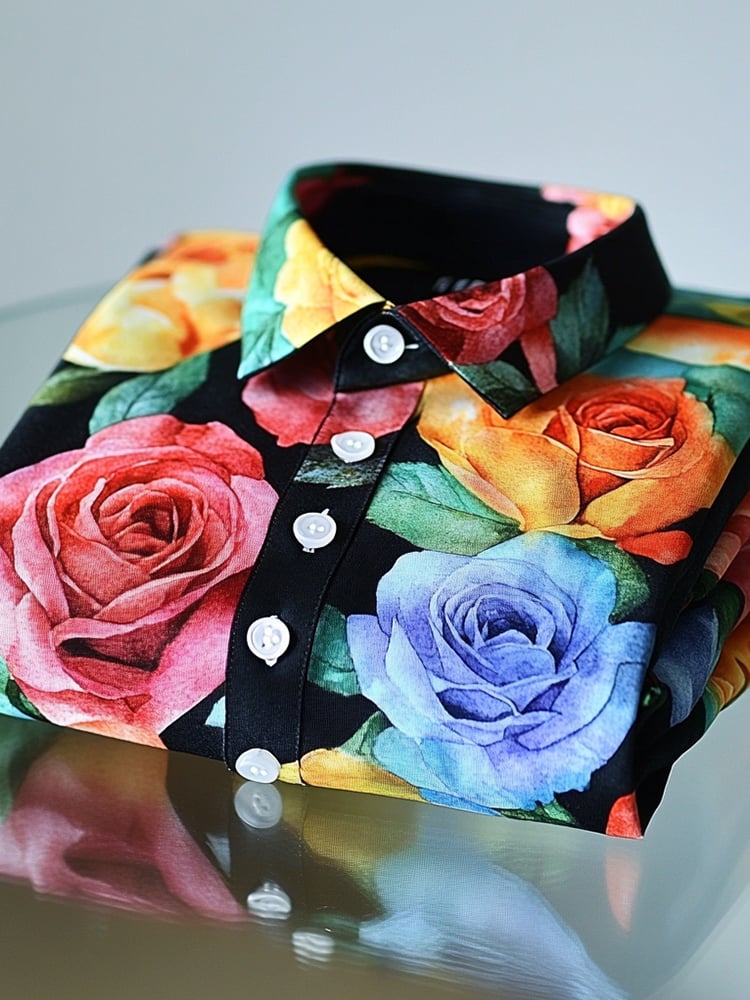para hombre ejecutivo casual Watercolor Rose Lapel de manga corta camisa