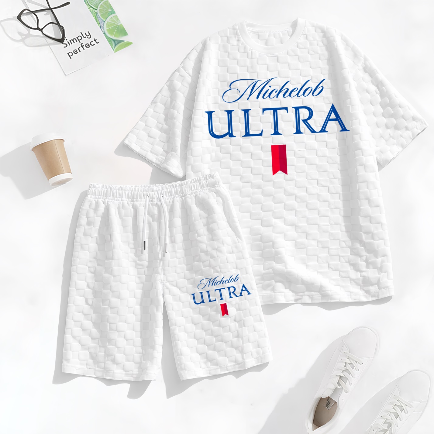 Camisa Spring/Summer Drawstring shorts Set featuring Beverage-estampado a cuadros Fabric—A casual summer ensemble comprising a de manga corta and shorts, ideal for both para uso diario wear and athletic activities para hombre