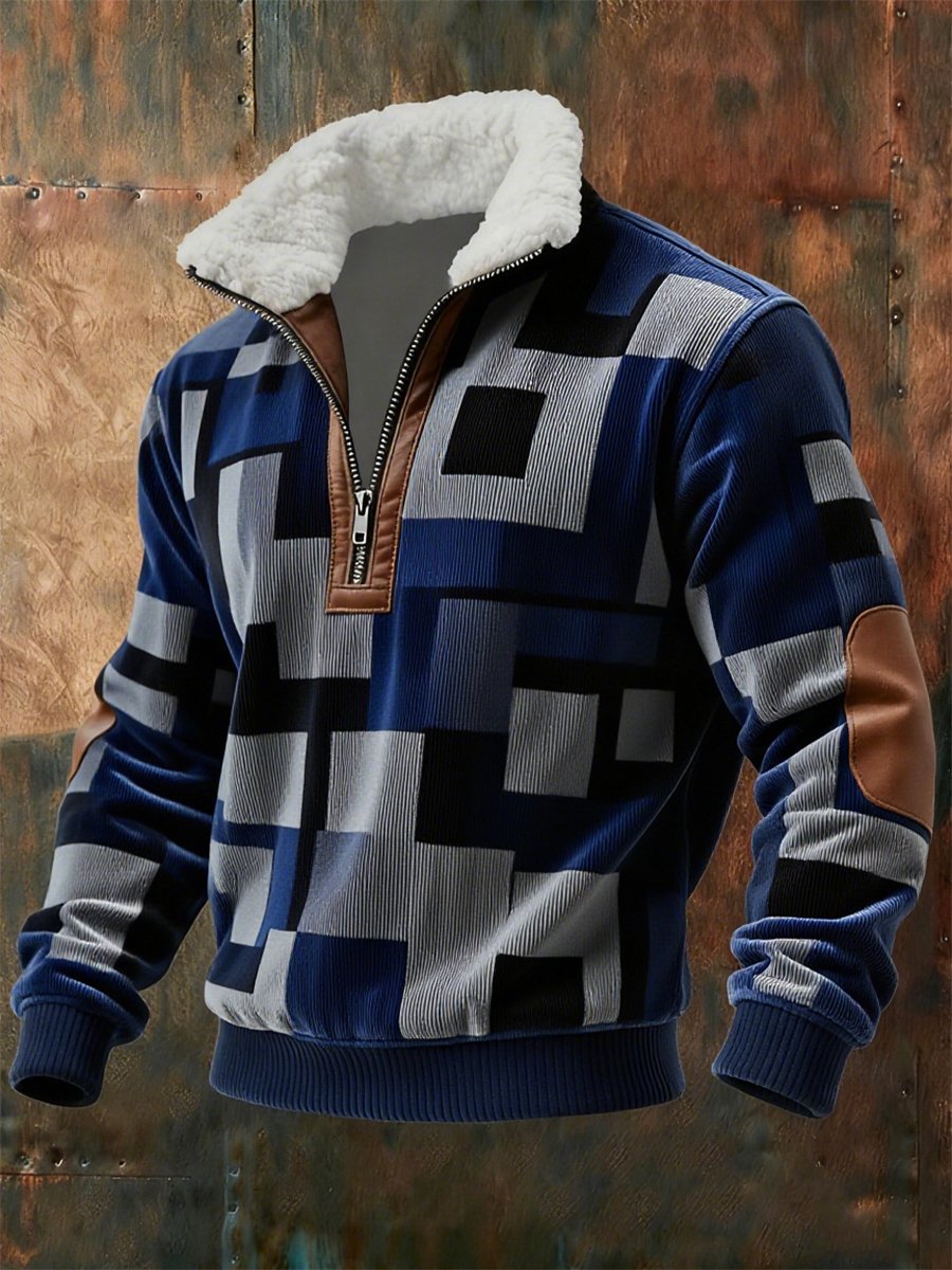 Sudadera retro geométrico Quarter Zip polar Neck para hombre