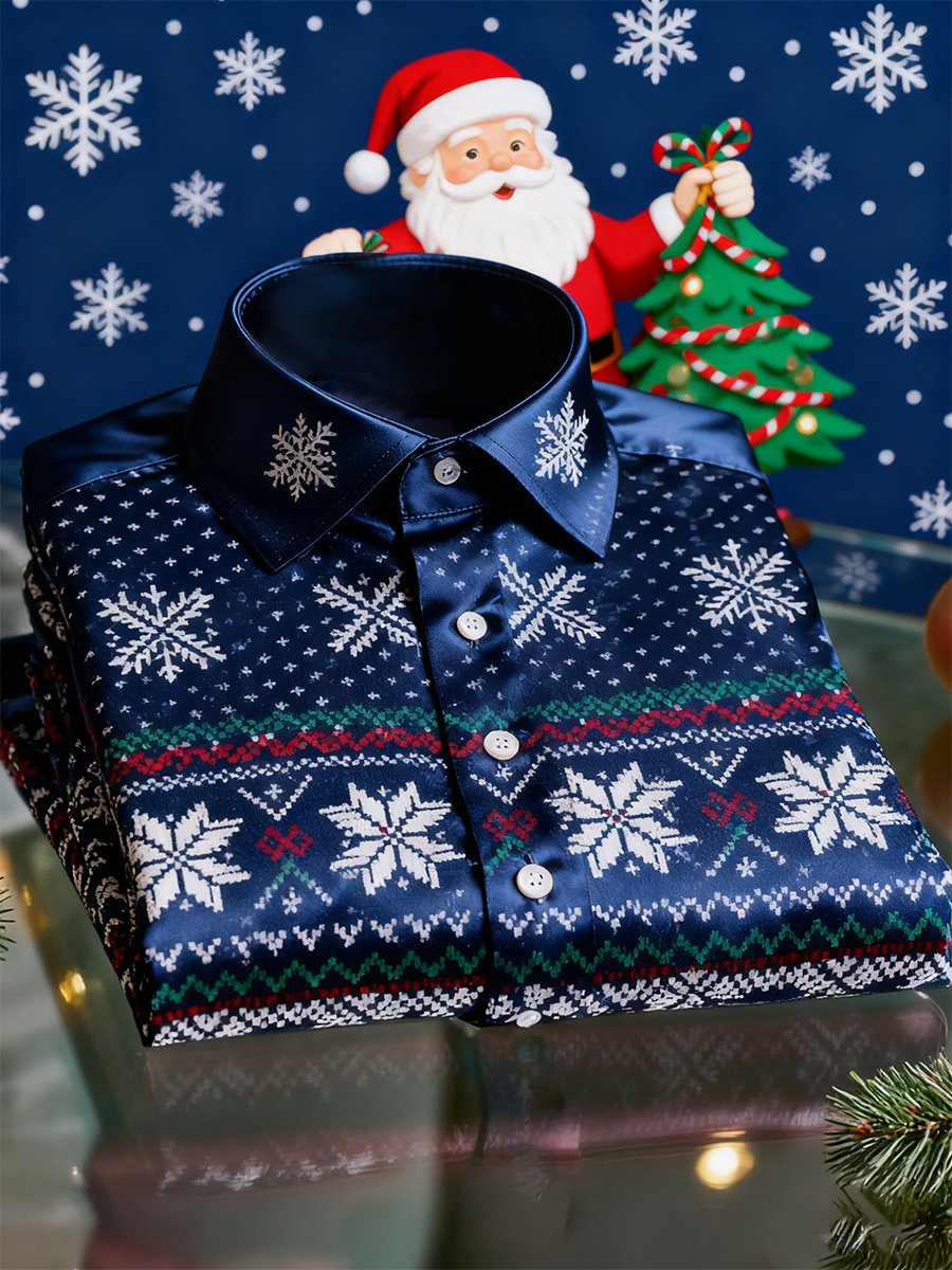 Camisa Christmas de manga larga con botones para hombre