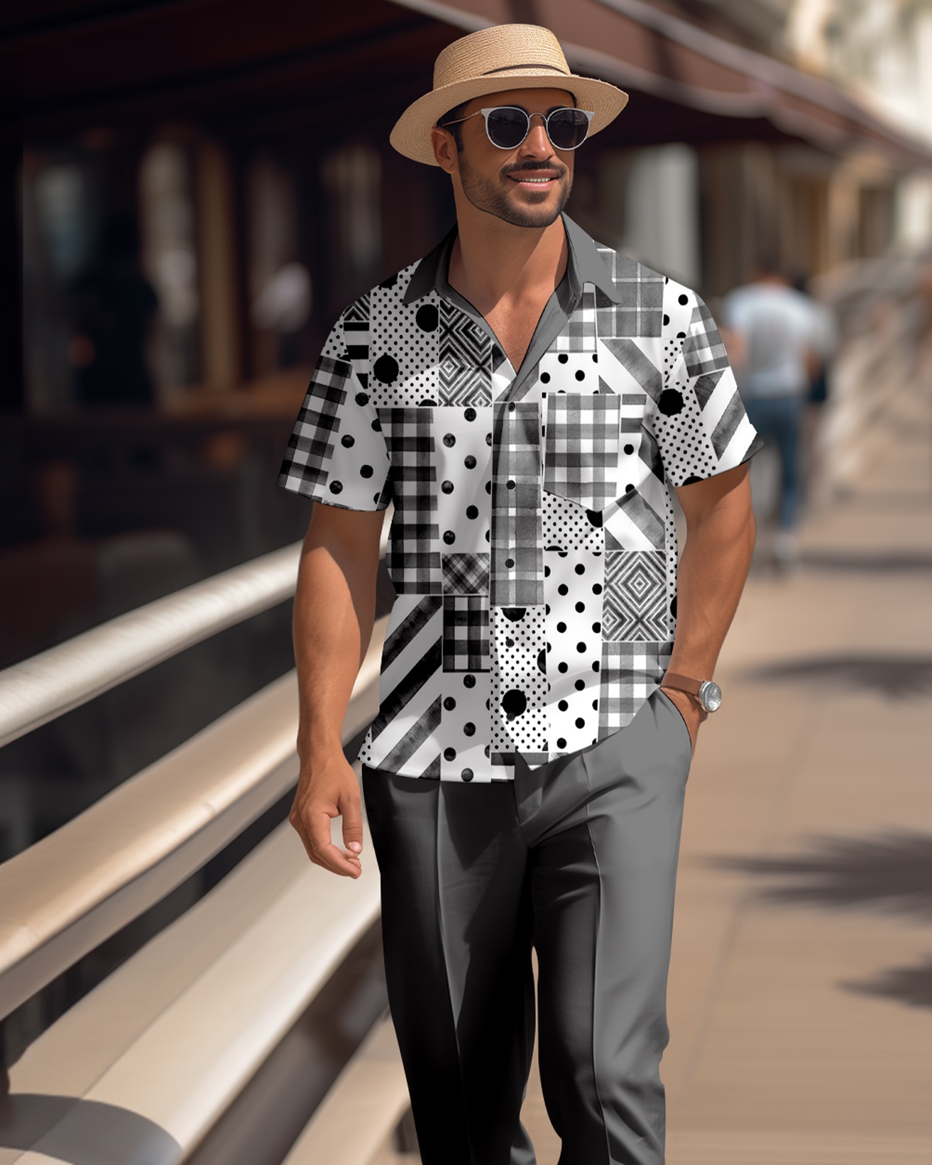 Camisa retro colorblock de manga corta walking Suit 1668 para hombre