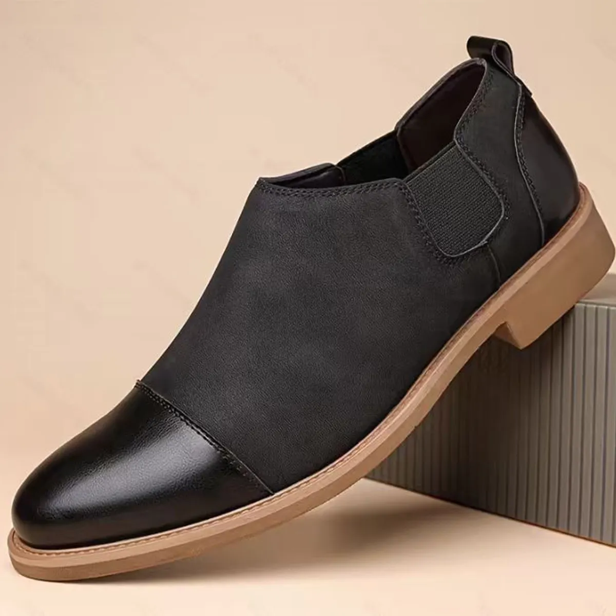 para hombre vintage Two Tone PU Leather Cap Toe Elastic Side Slip On Chelsea Ankle Boots