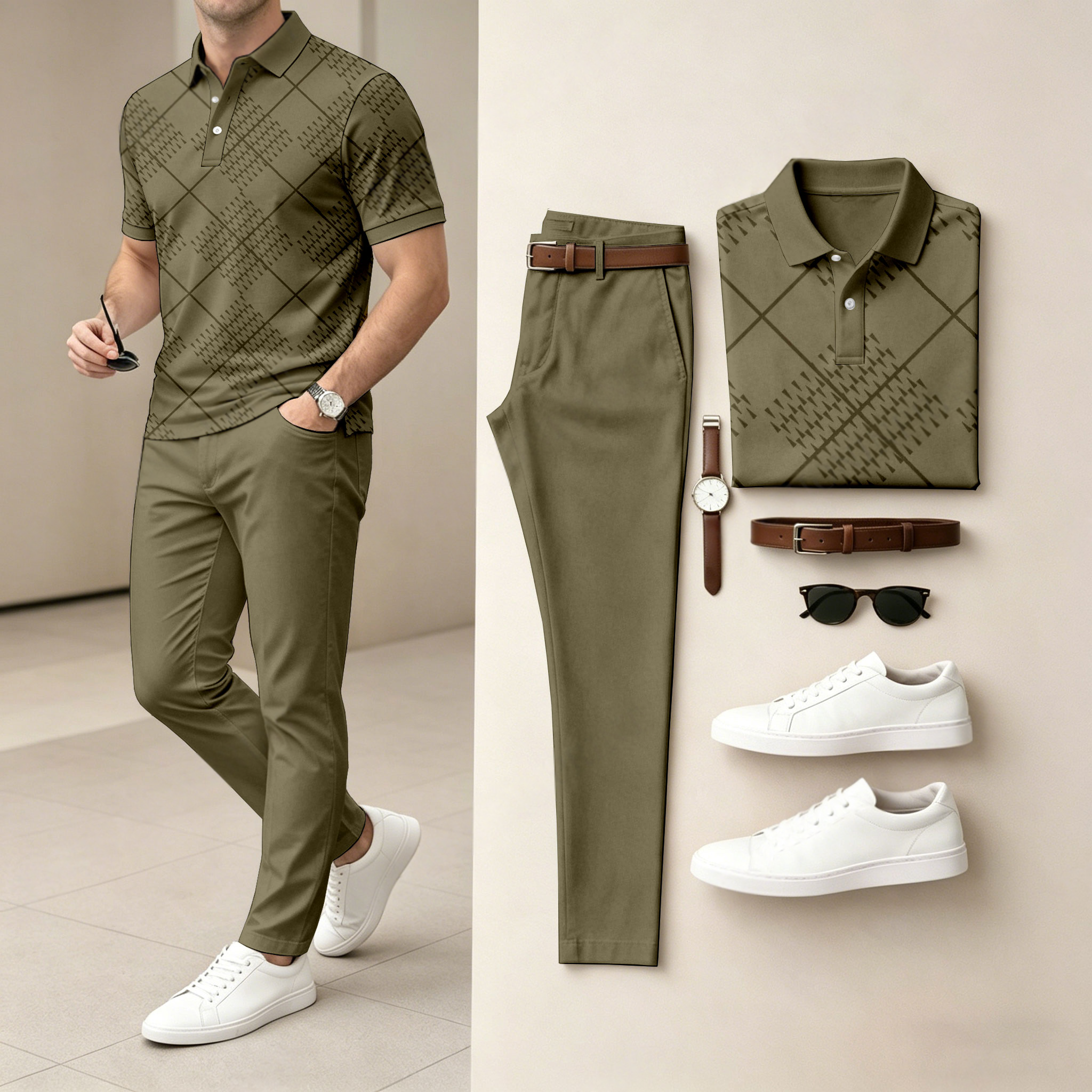 Camisa polo casual Diamond-Patterned de manga corta And pantalón Set (Excludes Accessories Such As Watches And Belts) para hombre