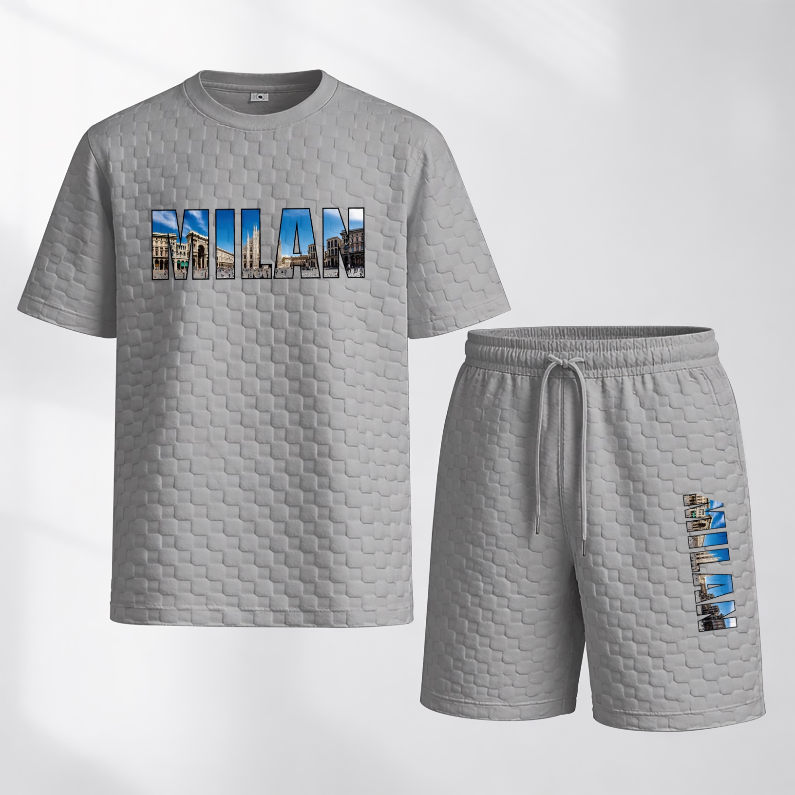 Camisa Spring and Summer Milan Letter estampado Checkered Fabric Drawstring shorts Set, casual Summer Outfit with de manga corta and shorts, Ideal for Everyday Wear and Sports Activities para hombre