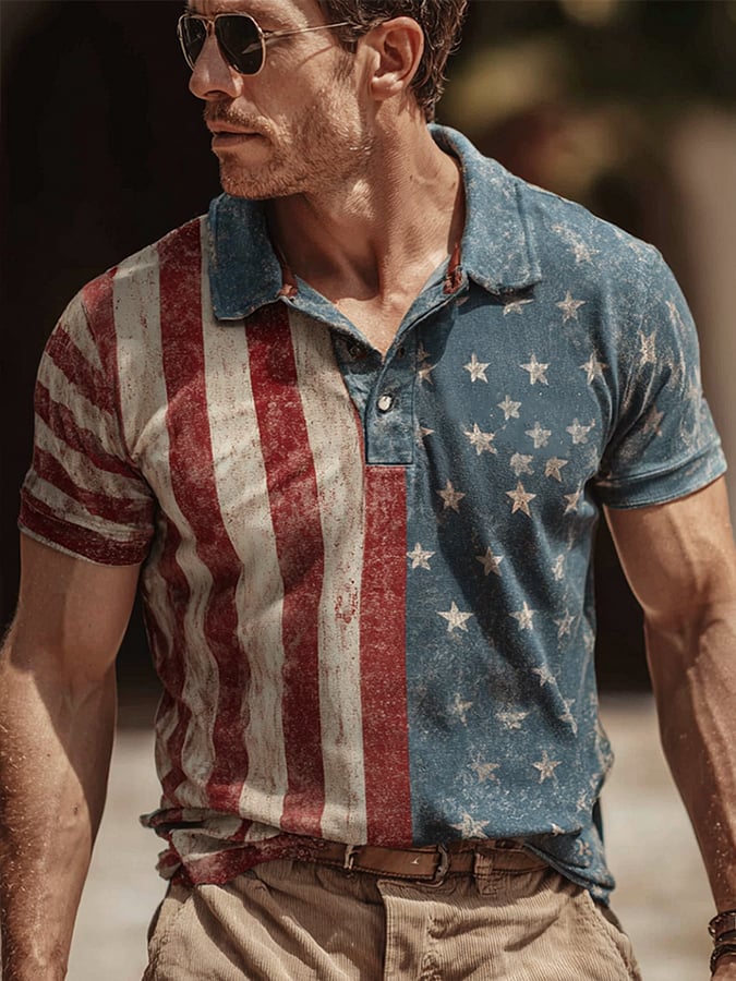 Camisa polo retro Independence Day flag estampado solapa de manga corta para hombre