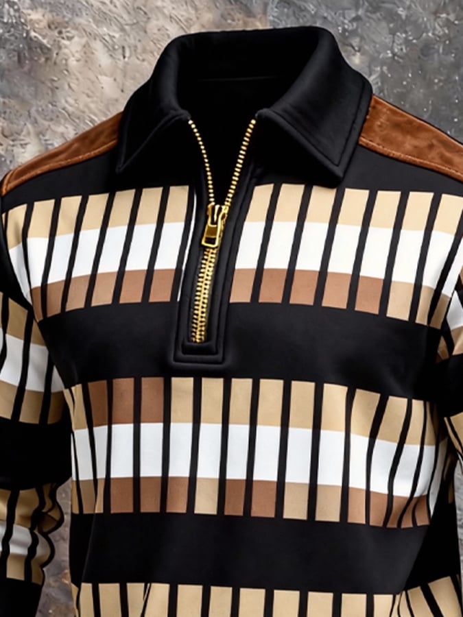 para hombre retro en bloques de color Print Zipper Sweacamiseta