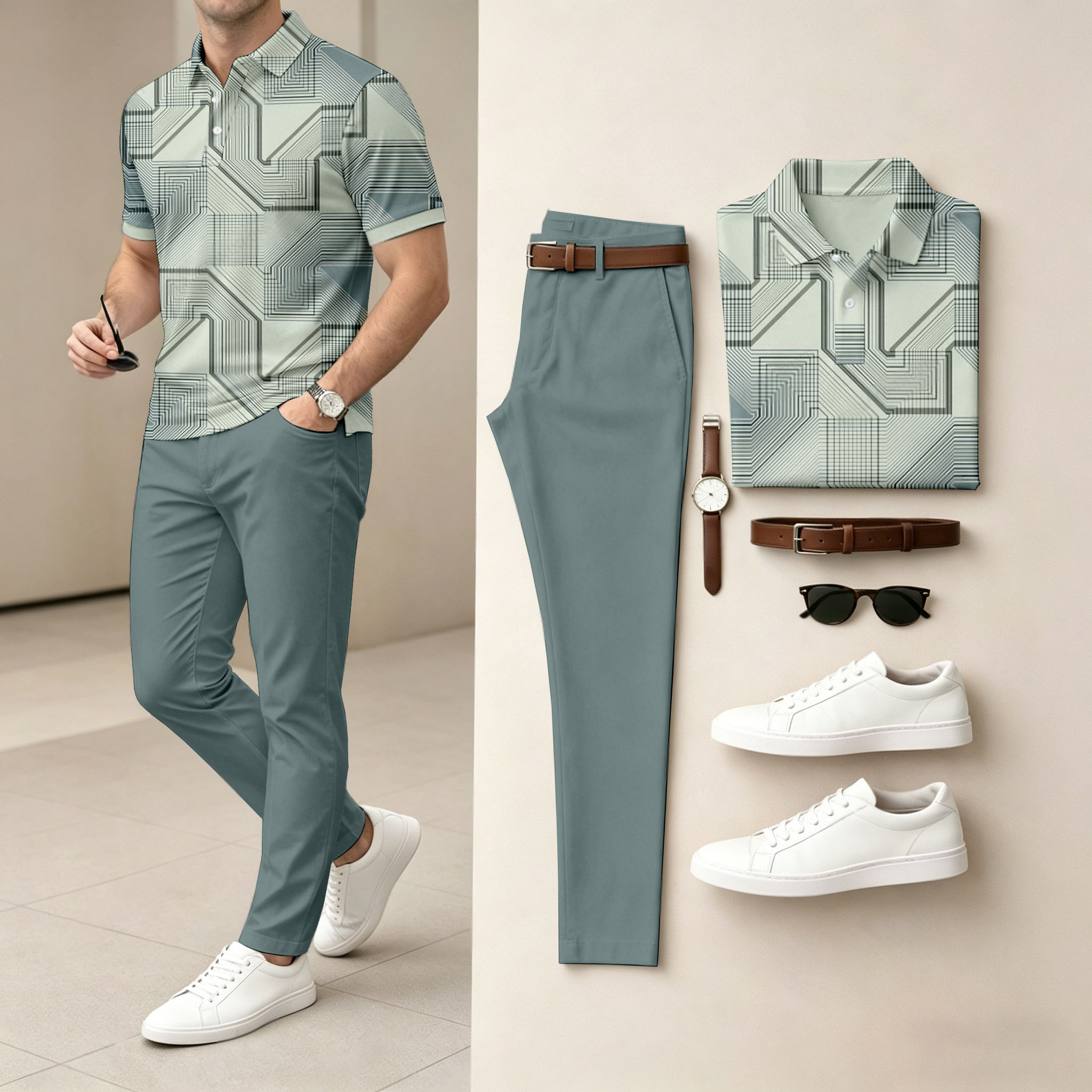 Conjunto de dos piezas casual Light Green Checkered estampado camisa polo And pantalón para hombre