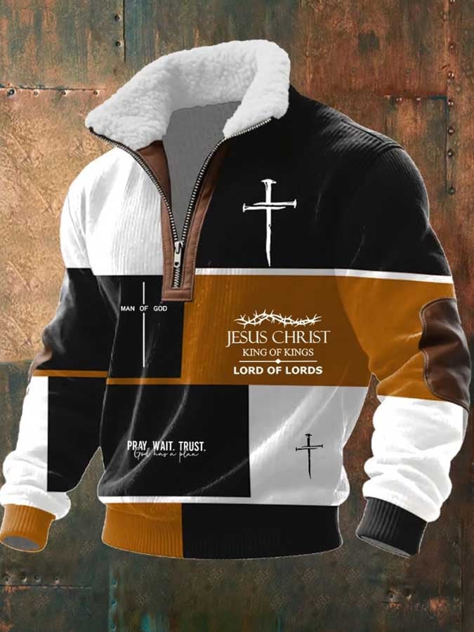 Sudadera retro Faith estampado cierre Fur cuello de manga larga para hombre