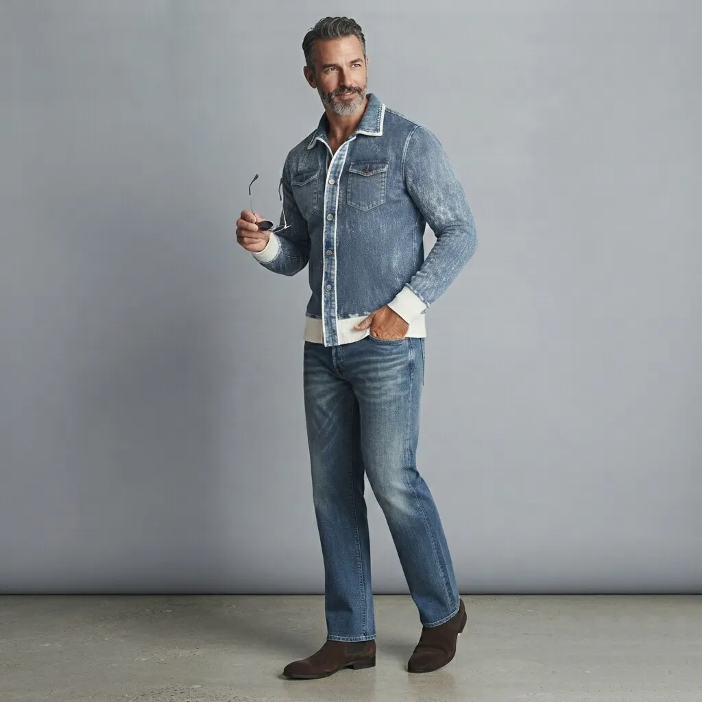 para hombre retro Denim Contrast Binding Chest Pocket de corte entallado de manga larga camisa