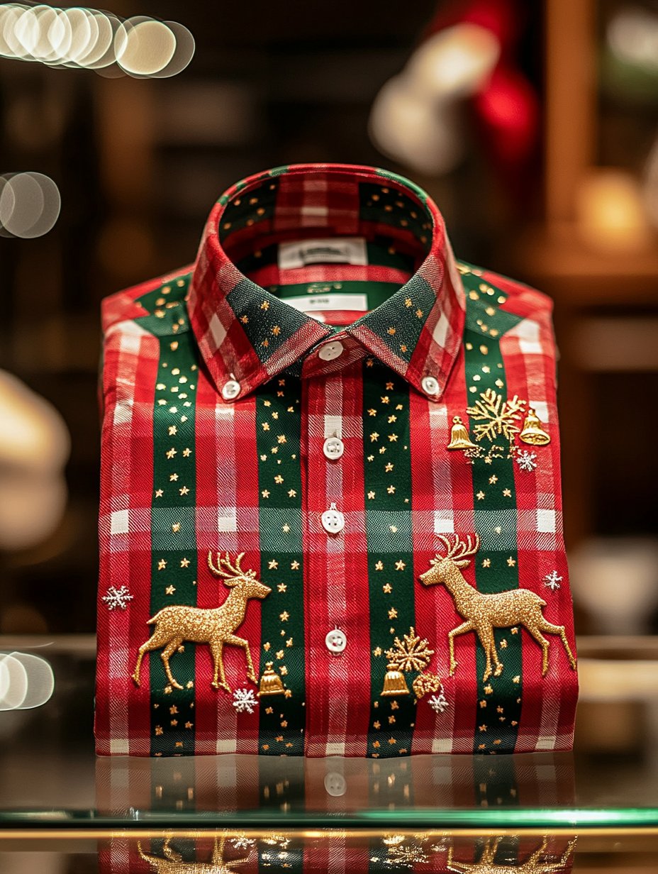 Camisa retro Christmas estampado Santa Elk Bells Gifts de manga larga para hombre