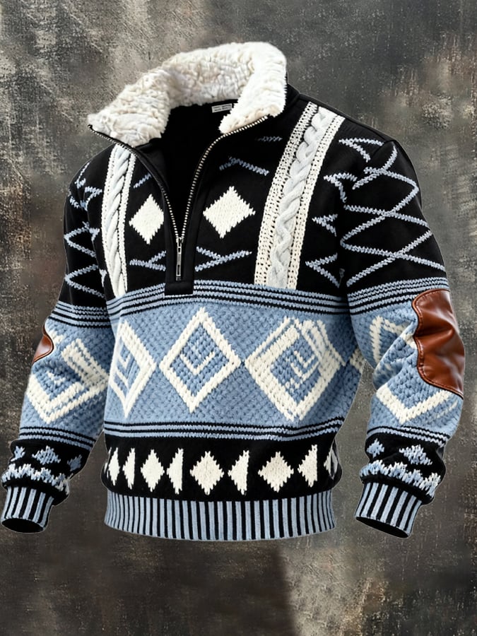 Sudadera retro en bloques de color estampado casual Fur cuello para hombre