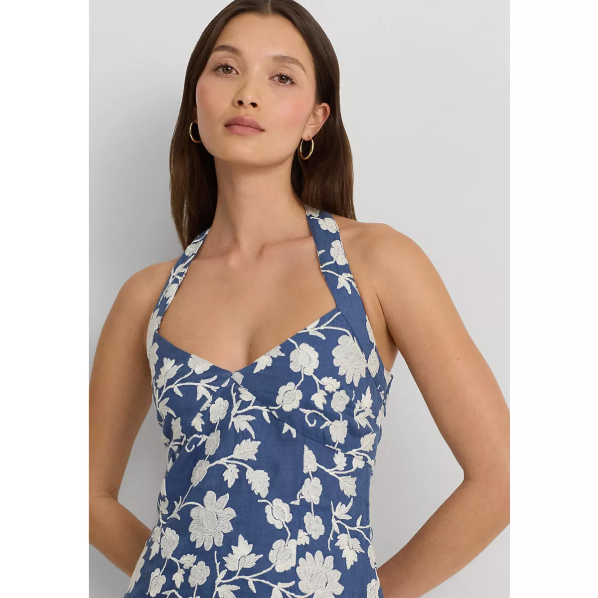Floral Embroidered Linen Halter Dress - 4